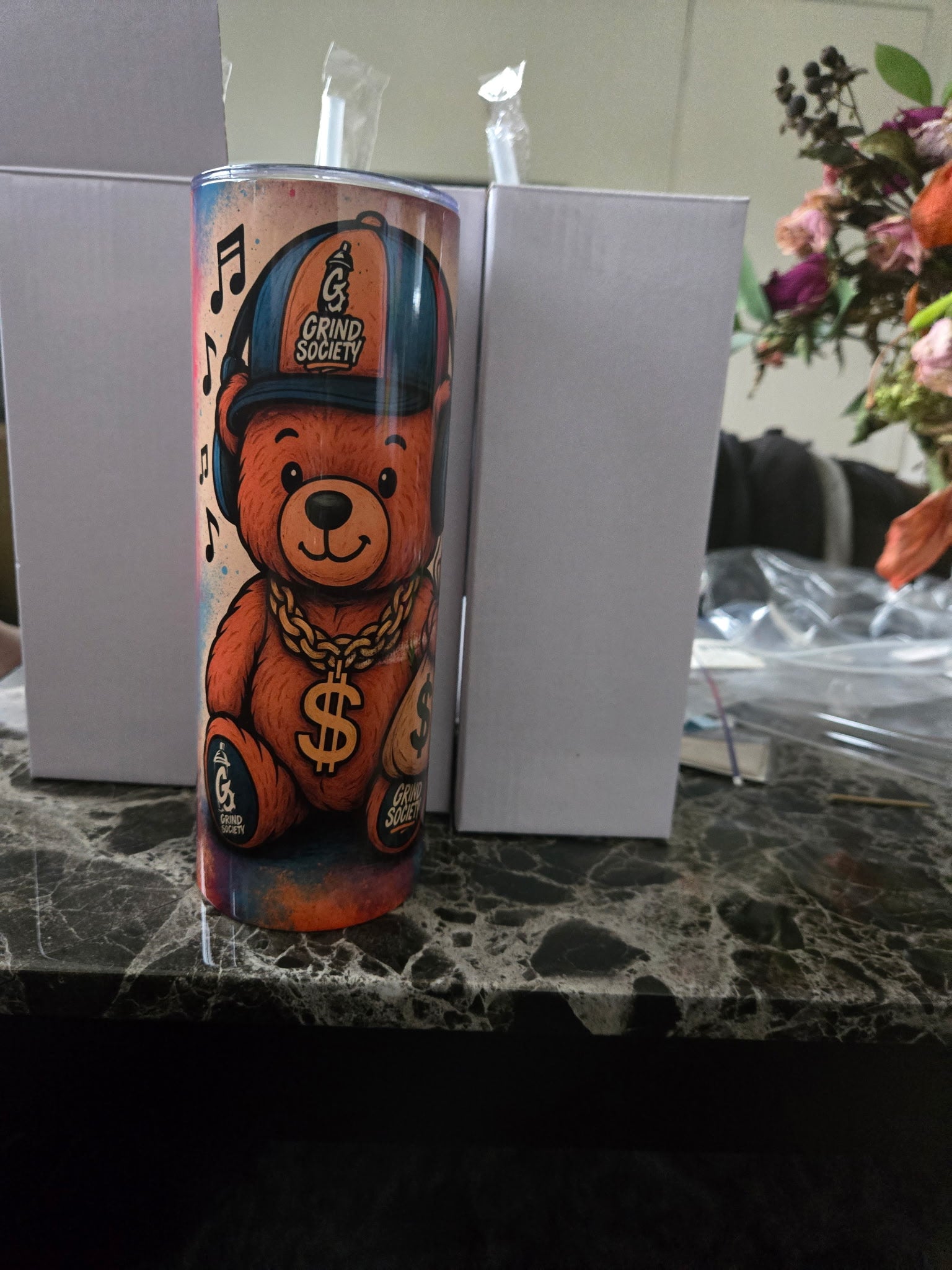 Grind Society mascot bear tumblers.
